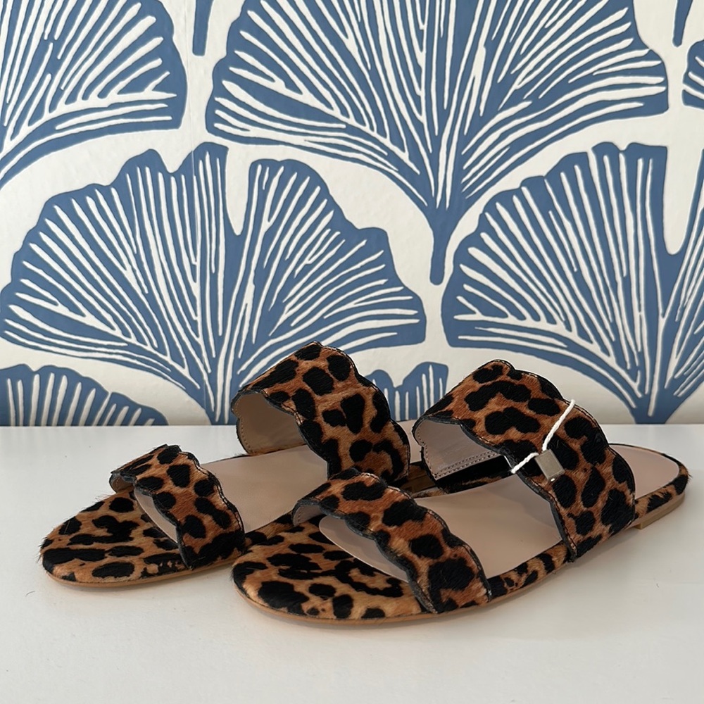 NIB Stuart Weitzman Santorini scalloped leopard-print calf hair sandals 34.5/4.5